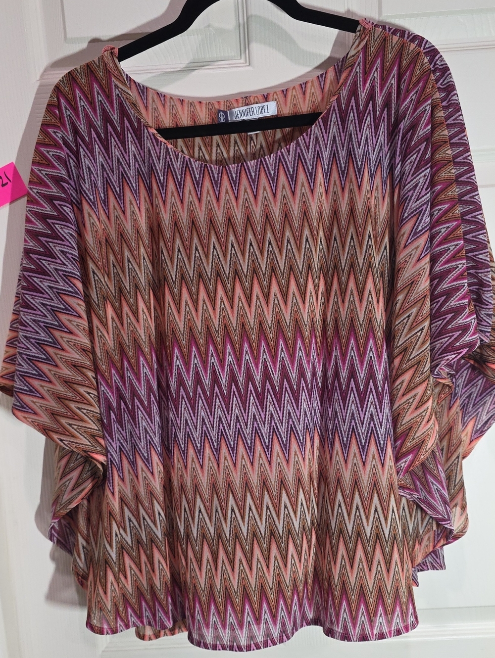 Jennifer Lopez Pink, Purple & Tan Zigzag Flutter Sleeve Top